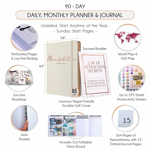 90-day undated planner with features like maps, stickers, and vision board.