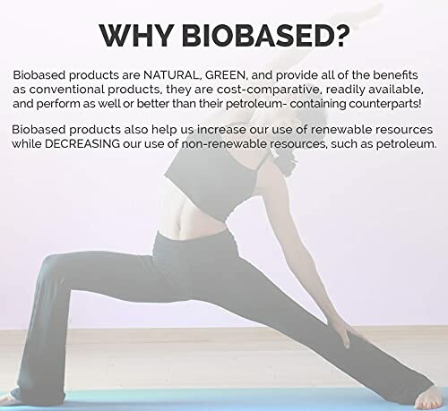 Person doing yoga with text explaining biobased products benefits.