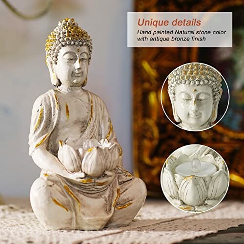 Buddha statue with lotus, hand-painted in natural stone color.