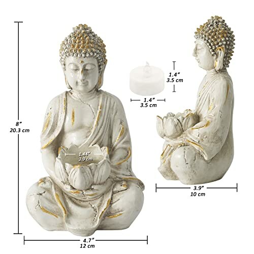 Buddha statue tealight holder with dimensions.