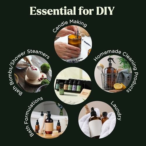 Collage of DIY essentials: candle making, bath bombs, shower steamers, homemade cleaning products, bath formulations, and laundry.