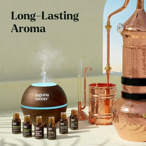 Essential oils and diffuser setup with copper distillation equipment.