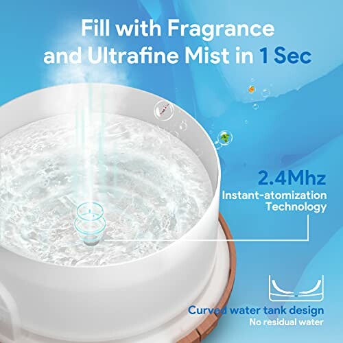 Close-up of a water tank with text about fragrance and mist technology