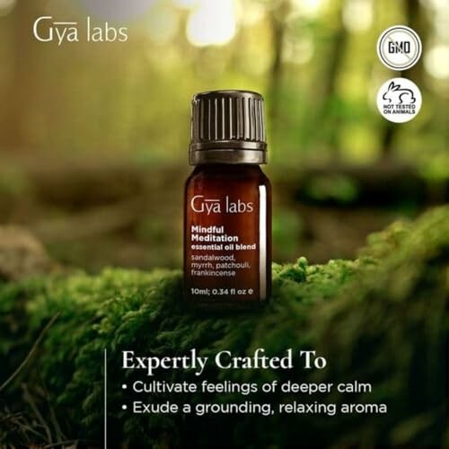 Gya Labs Mindful Meditation essential oil blend bottle on natural background.