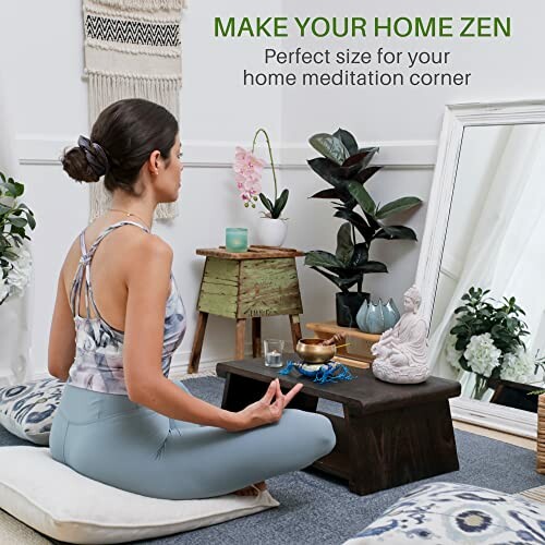 Woman meditating in a serene home corner with cushions and a small altar.