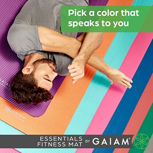 Man lying on colorful yoga mats with text 'Pick a color that speaks to you'.