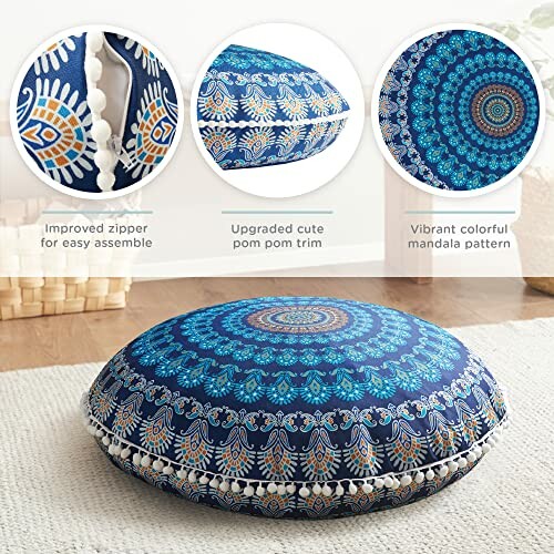 Round mandala floor cushion with pom pom trim and zipper.