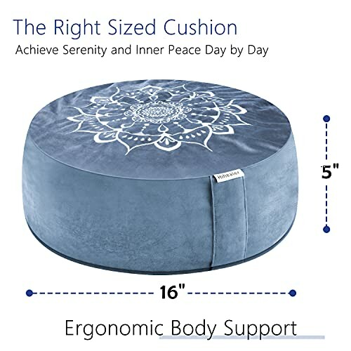 Blue meditation cushion with white mandala design, 16-inch diameter and 5-inch height, ergonomic body support.