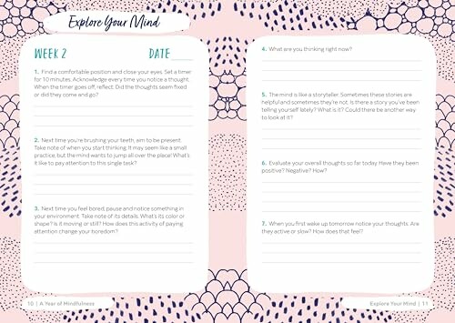 Mindfulness journal template with weekly prompts.