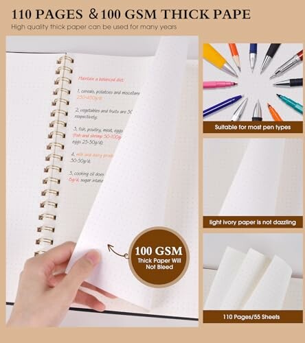 Notebook with thick 100 GSM paper, suitable for most pen types.