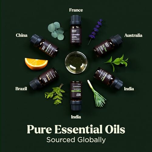 Bottles of essential oils from various countries arranged in a circle.