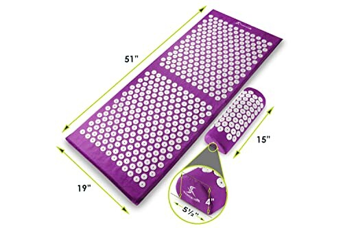 Purple acupressure mat with dimensions labeled.