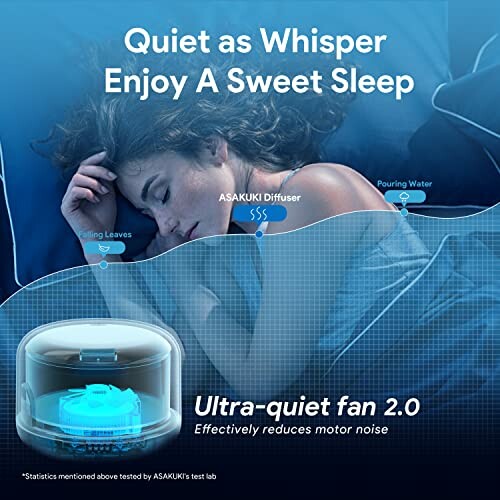 Woman sleeping peacefully with ASAKUKI diffuser and ultra-quiet fan