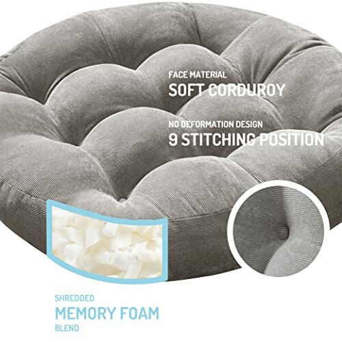 Round corduroy floor cushion with memory foam blend and stitching details.