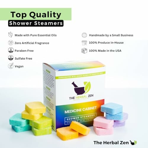 Colorful shower steamers with packaging and benefits listed.