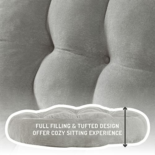 Tufted cushion with text indicating full filling and cozy sitting experience.