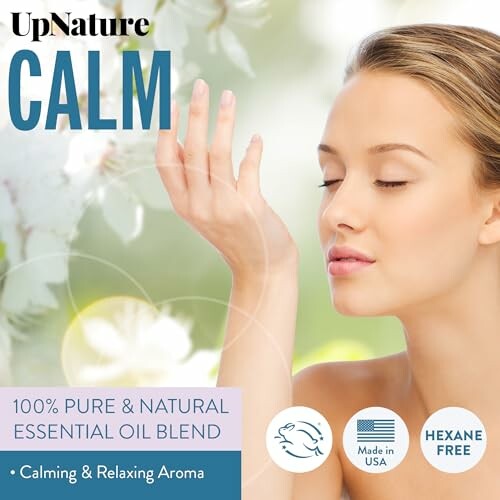 Woman enjoying UpNature Calm essential oil aroma.