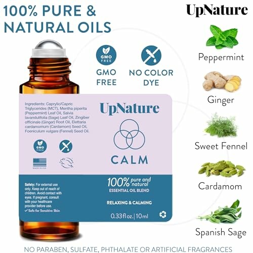 UpNature Calm essential oil blend with natural ingredients including peppermint, ginger, sweet fennel, cardamom, and Spanish sage.