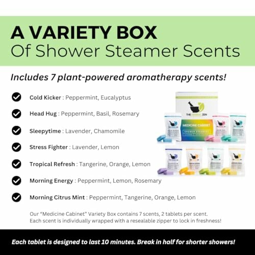 Variety box of shower steamer scents with plant-powered aromatherapy options.